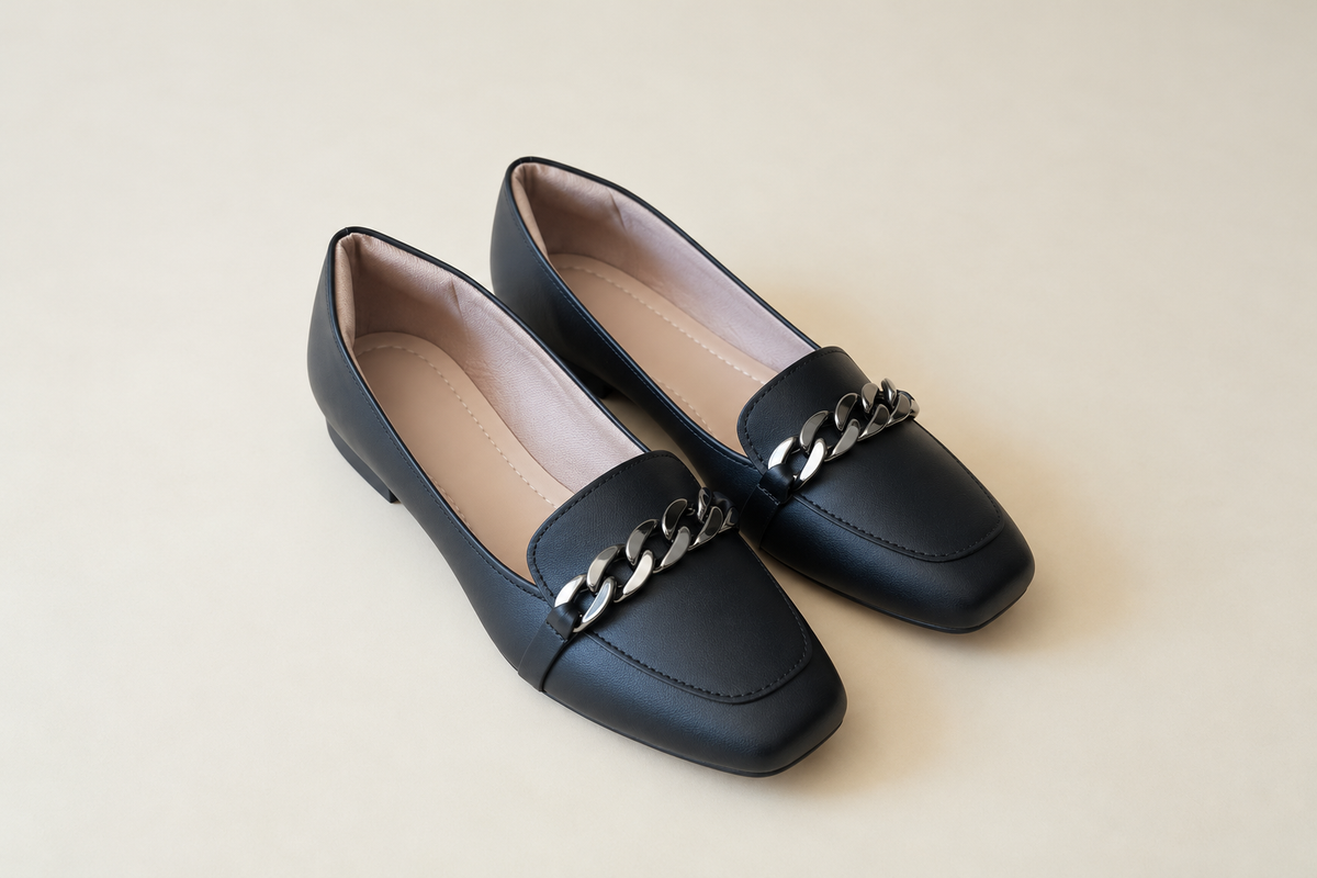 Square-Toe Loafer with Gold Chain