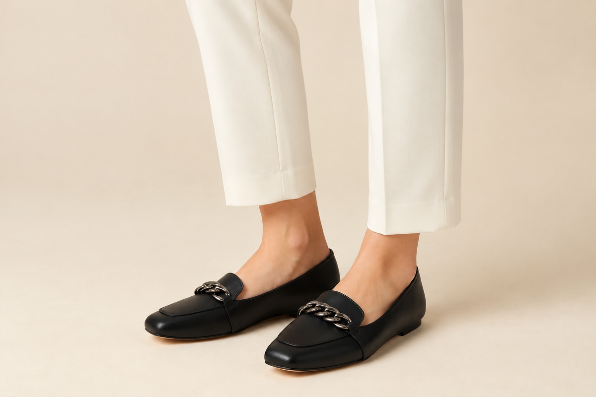Square-Toe Loafer with Gold Chain