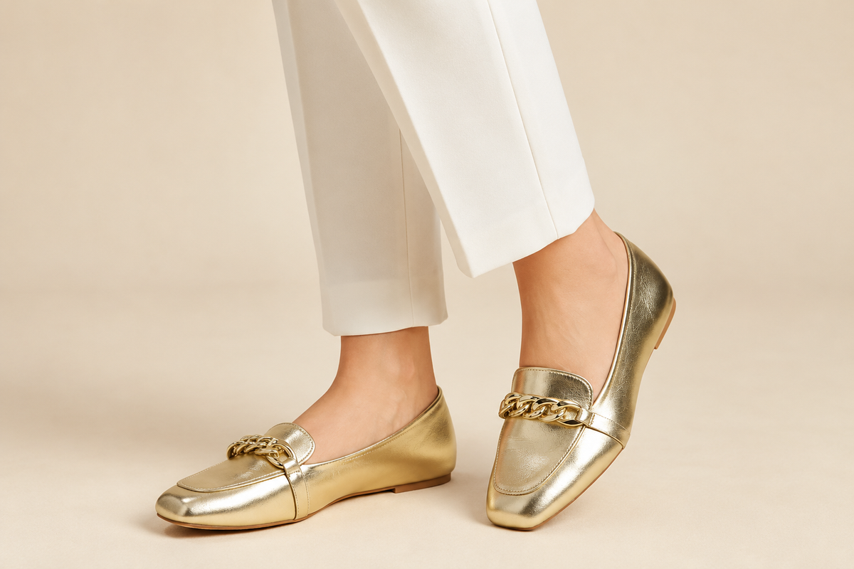 Square-Toe Loafer with Gold Chain