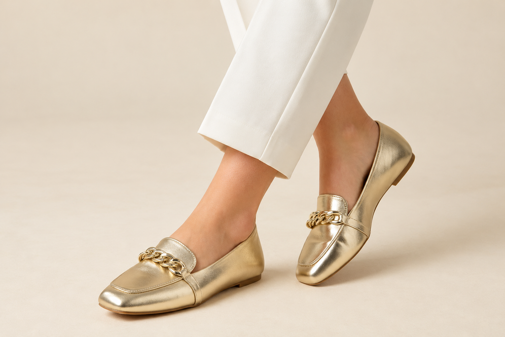 Square-Toe Loafer with Gold Chain