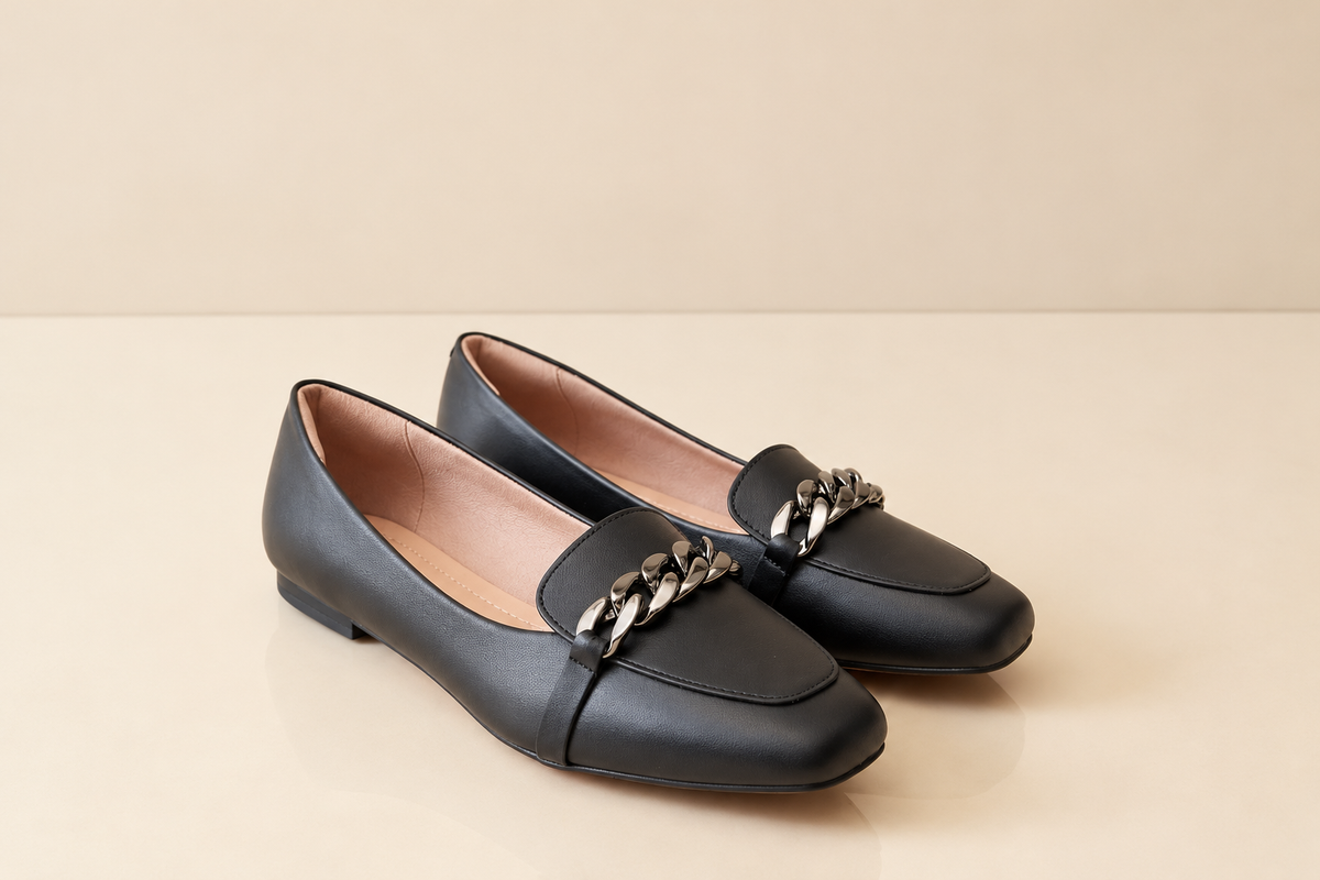 Square-Toe Loafer with Gold Chain