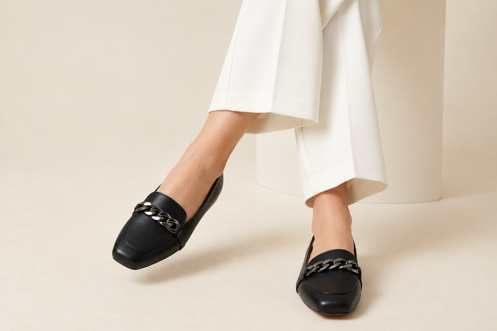Square-Toe Loafer with Gold Chain