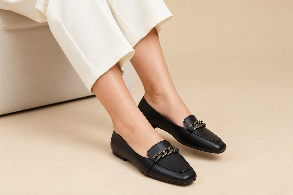 Square-Toe Loafer with Gold Chain