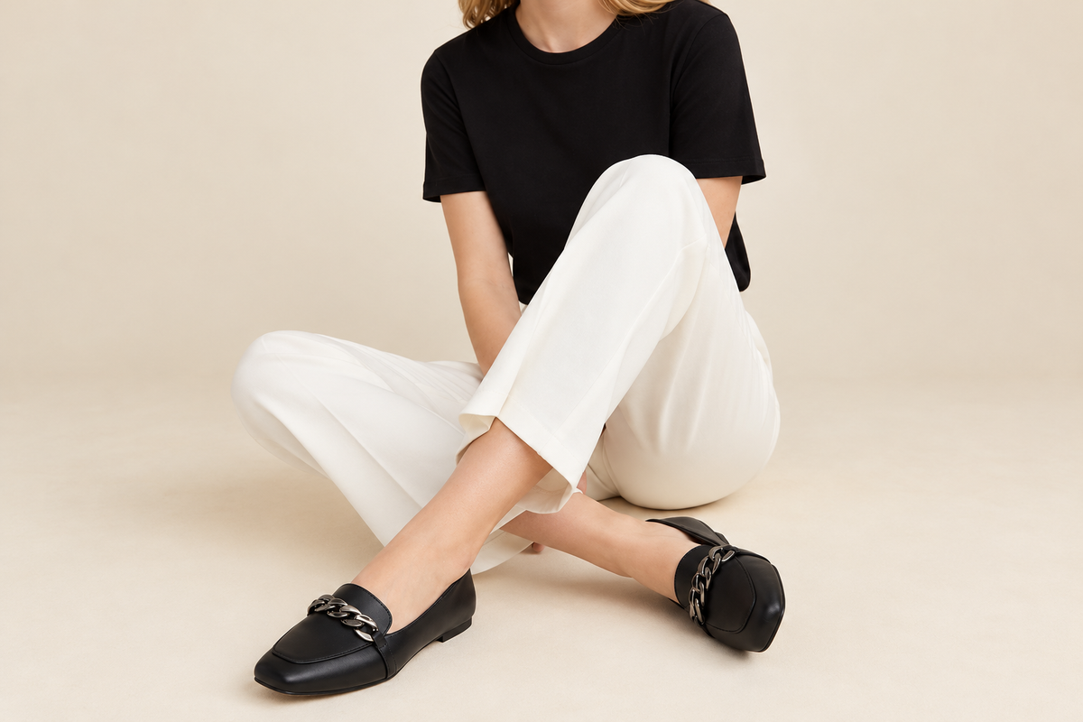 Square-Toe Loafer with Gold Chain